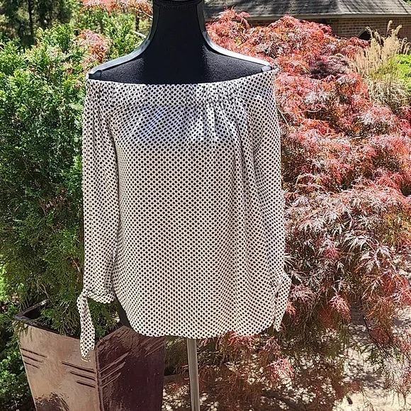 Express Black and White Polka Dot Blouse Off The Shoulder Tie Sleeves Small - Picture 1 of 5
